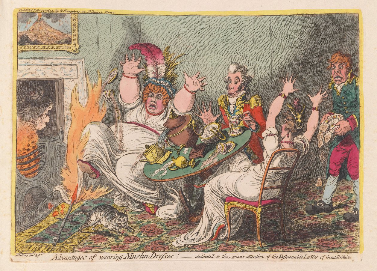 Zalety noszenia muślinowych sukienek!, wyd. 1802 (grawerowanie ręcznie kolorowane) autorstwa James Gillray