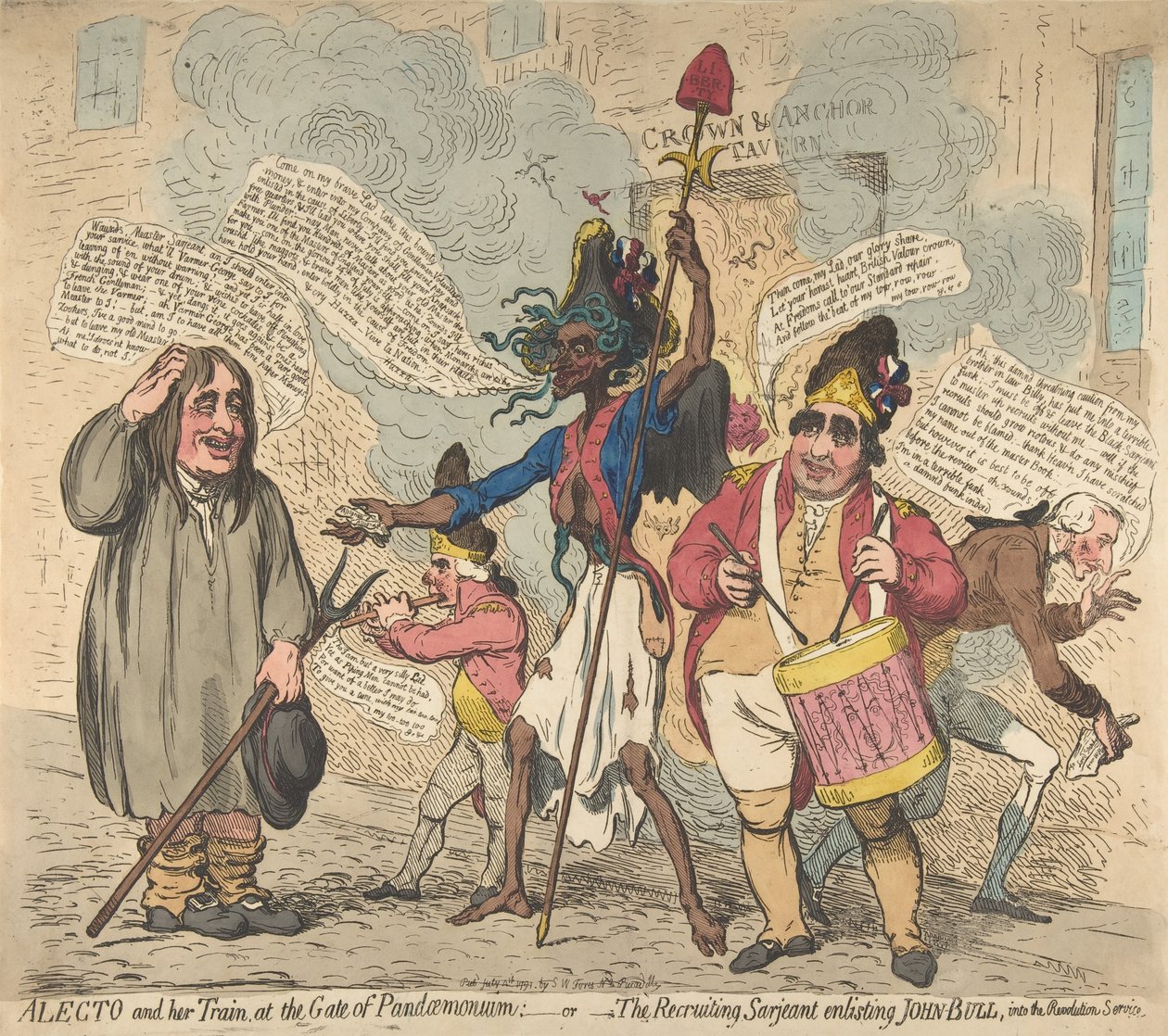 Alecto i jej pociąg, przy Bramie Pandemonium, czyli Rekrutujący Sarjeant Enli..., 4 lipca 1791. autorstwa James Gillray