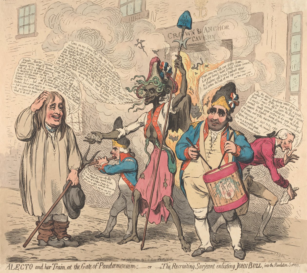 Alekto i jej orszak u bram Pandemonium - albo - Werbujący sierżant zaciągający Johna Bulla do służby rewolucyjnej autorstwa James Gillray