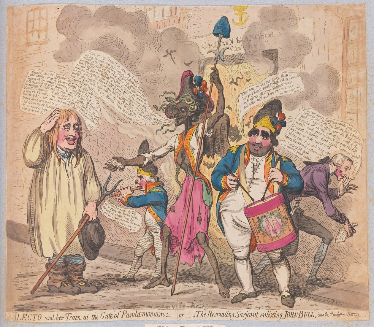 Alecto i jej Pociąg przy Bramie Pandemonium lub Werbujący Sarjeant werbujący Johna Bulla do Służby Rewolucji, wyd. (ręcznie kolorowy grawer) autorstwa James Gillray