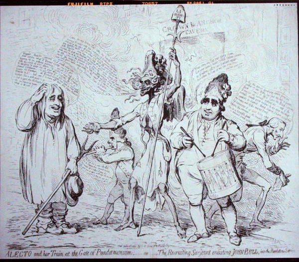 Alecto i jej Train at the Gate of Pandemonium lub The Recruiting Serjeant werbujący Johna Bulla do służby rewolucji, wydane przez S.W. Fores w 1791 (akwaforta) autorstwa James Gillray