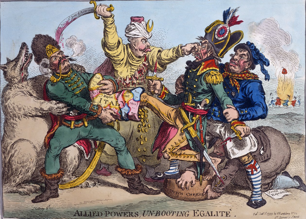 Allied Powers Un-Booting Egalite, wydana przez Hannah Humphrey w 1799 r. (akwaforta ręcznie kolorowana) autorstwa James Gillray