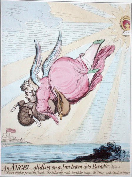 Anioł sunący po promieniu słońca do raju (akwaforta ręcznie kolorowana) autorstwa James Gillray