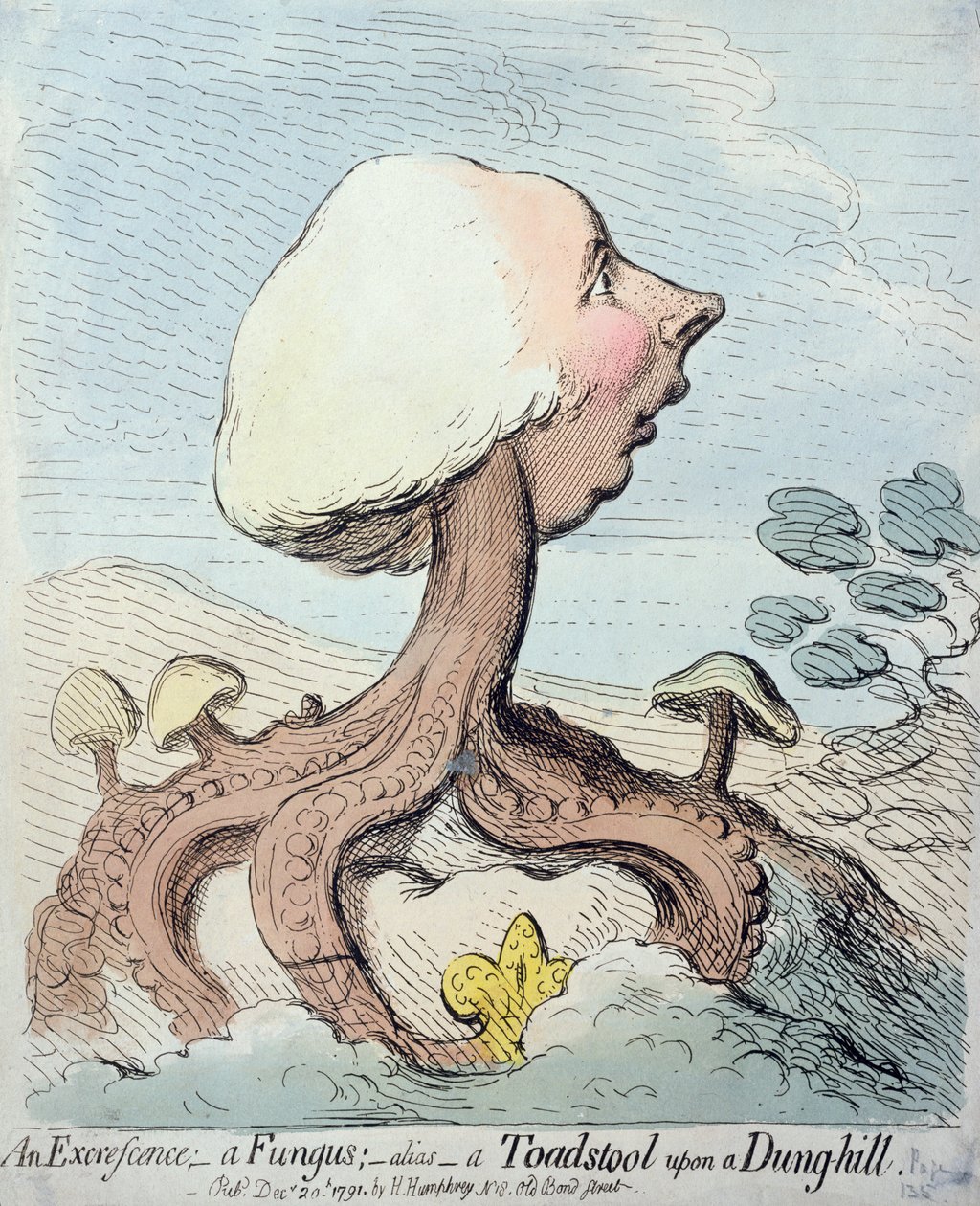 Narośl; Grzyb; Alias - Muchomor na wzgórzu gnoju, opublikowany przez Hannah Humphrey w 1791 (akwaforta z wc) autorstwa James Gillray