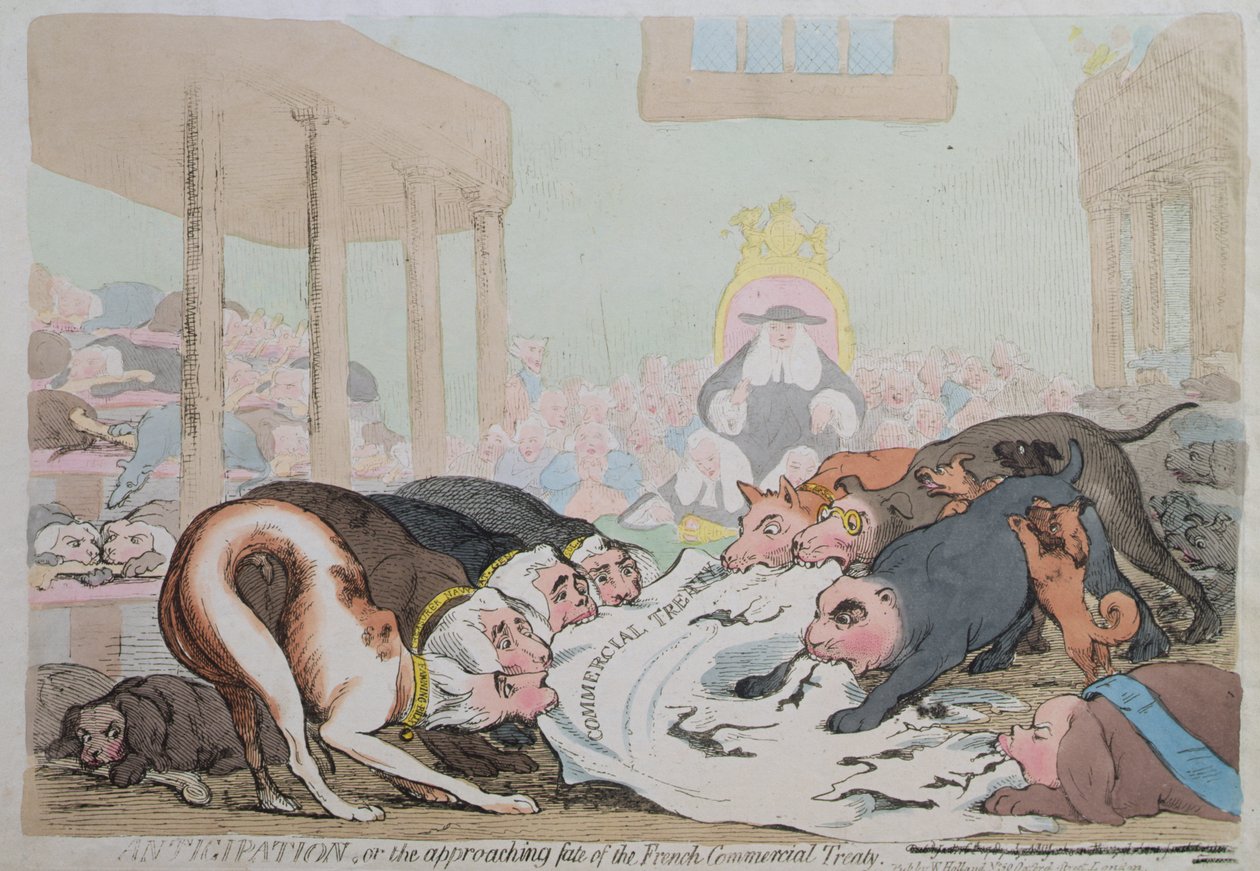 Przewidywanie, czyli zbliżający się los francuskiego traktatu handlowego, opublikowane przez W. Hollanda w 1786 r. (akwaforta ręcznie kolorowana) autorstwa James Gillray