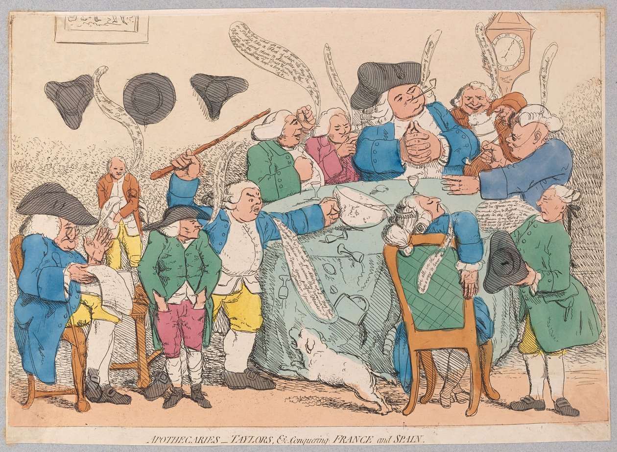 Aptekarze, Taylorowie itp. podbijający Francję i Hiszpanię, wyd. 1779 (ręcznie kolorowane grawerowanie) autorstwa James Gillray