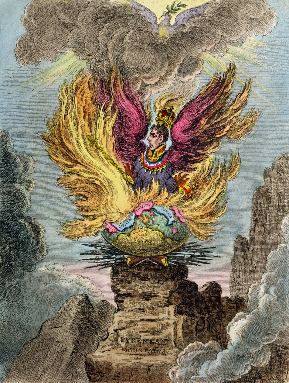 Apoteoza korsykańskiego feniksa, opublikowana przez Hannah Humphrey w 1808 r. (akwaforta ręcznie kolorowana) autorstwa James Gillray
