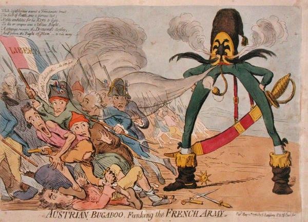 Austriacki Bugaboo atakujący armię francuską, wydany przez Hannah Humphrey w 1795 roku (akwaforta ręcznie kolorowana) autorstwa James Gillray