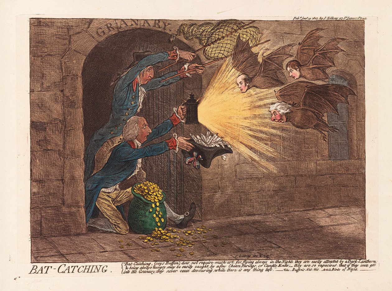Łapanie nietoperzy, wyd. 1803 (ręcznie kolorowane grawerowanie) autorstwa James Gillray