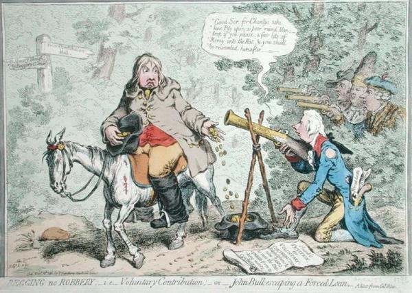 Żebranie bez rabunku: tj. Dobrowolna wpłata, czyli John Bull uciekający z przymusowej pożyczki, opublikowana przez Hannah Humphrey w 1796 r. (akwaforta ręcznie kolorowana) autorstwa James Gillray