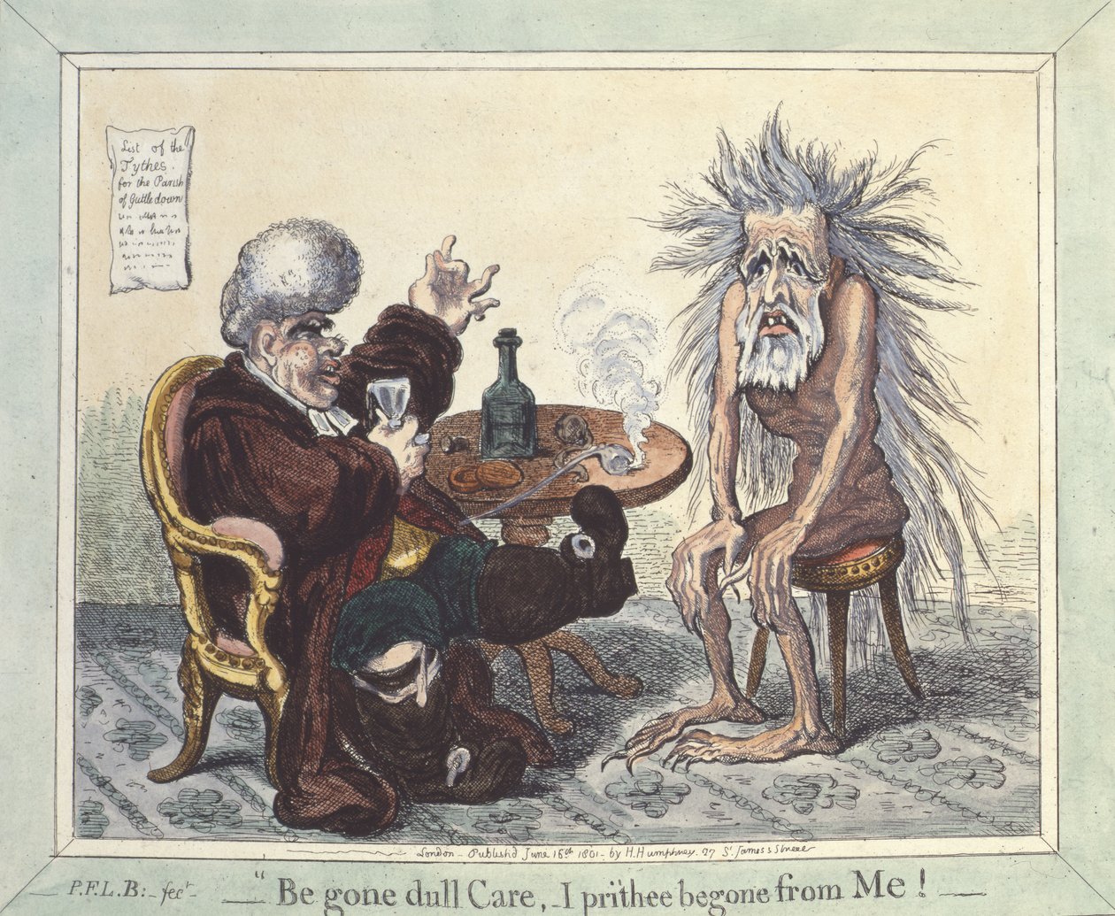 „Odejść nudnej trosce, ja Prithee odszedł ode mnie”, 1801 autorstwa James Gillray