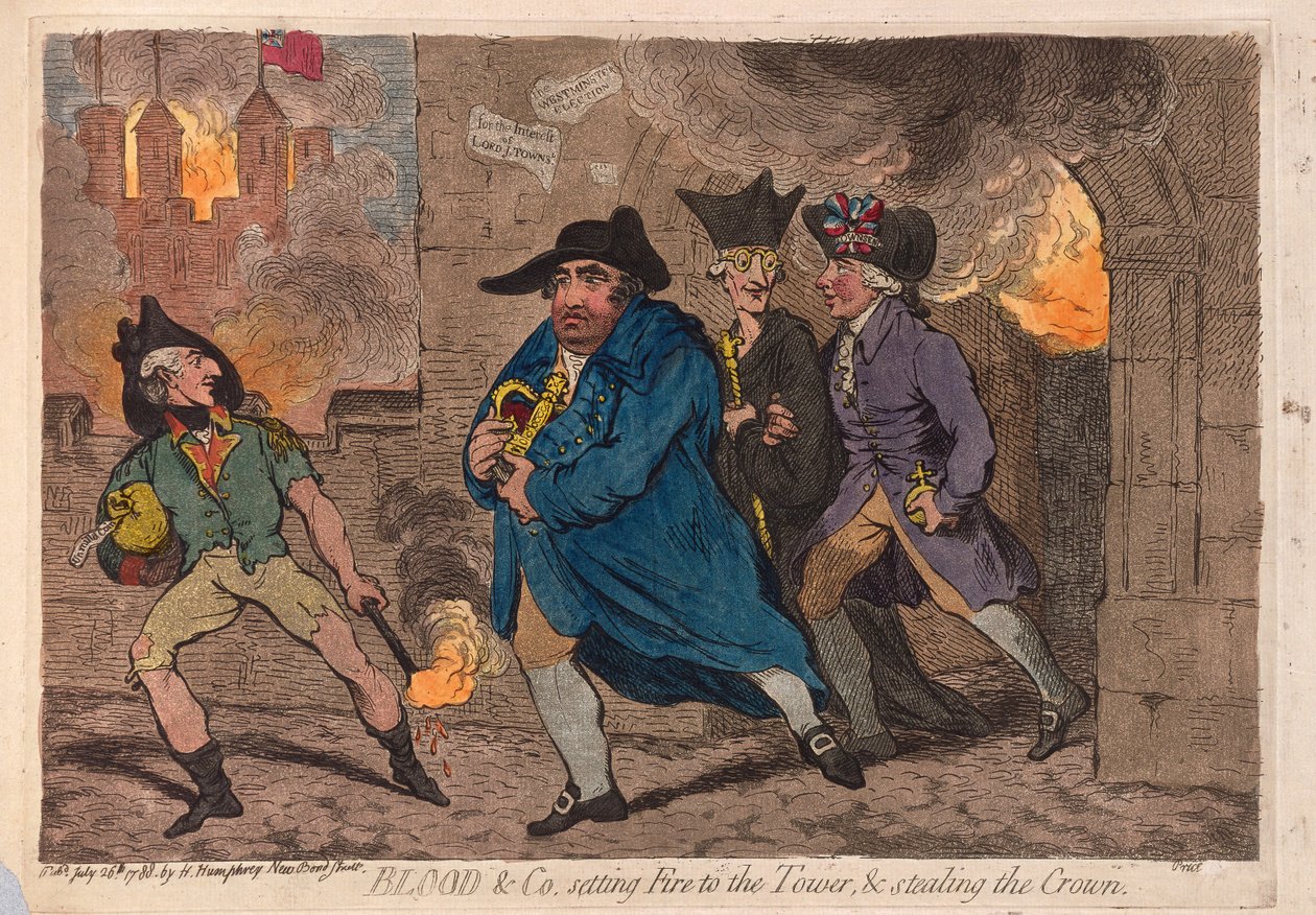 Krew i spółka podpalają wieżę i kradną koronę, pub. 1788 (grawerowanie ręcznie kolorowane) autorstwa James Gillray