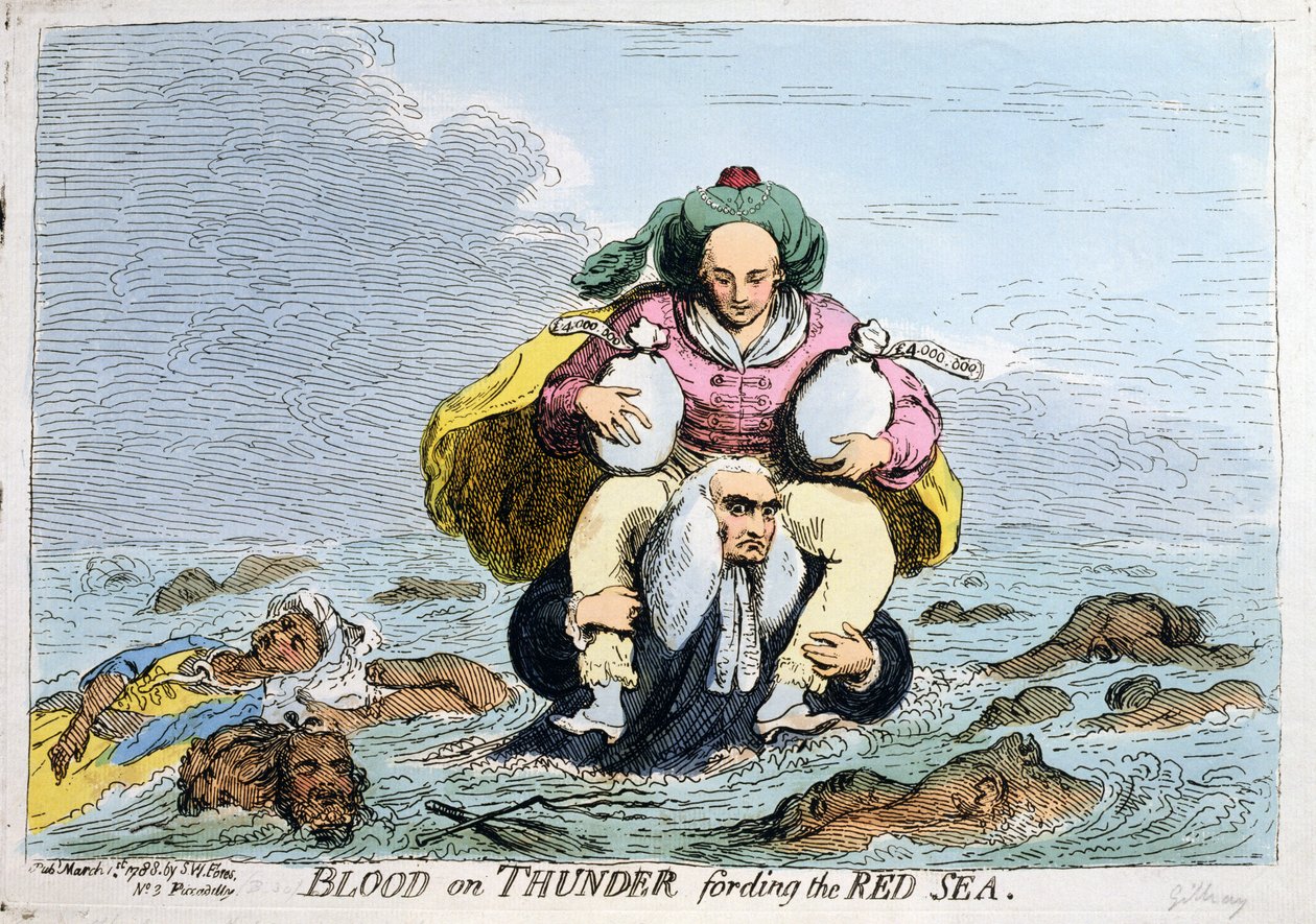 Blood on Thunder fording the Red Sea, opublikowane przez S.W. Fores w 1788 roku (ręcznie kolorowana akwaforta) autorstwa James Gillray