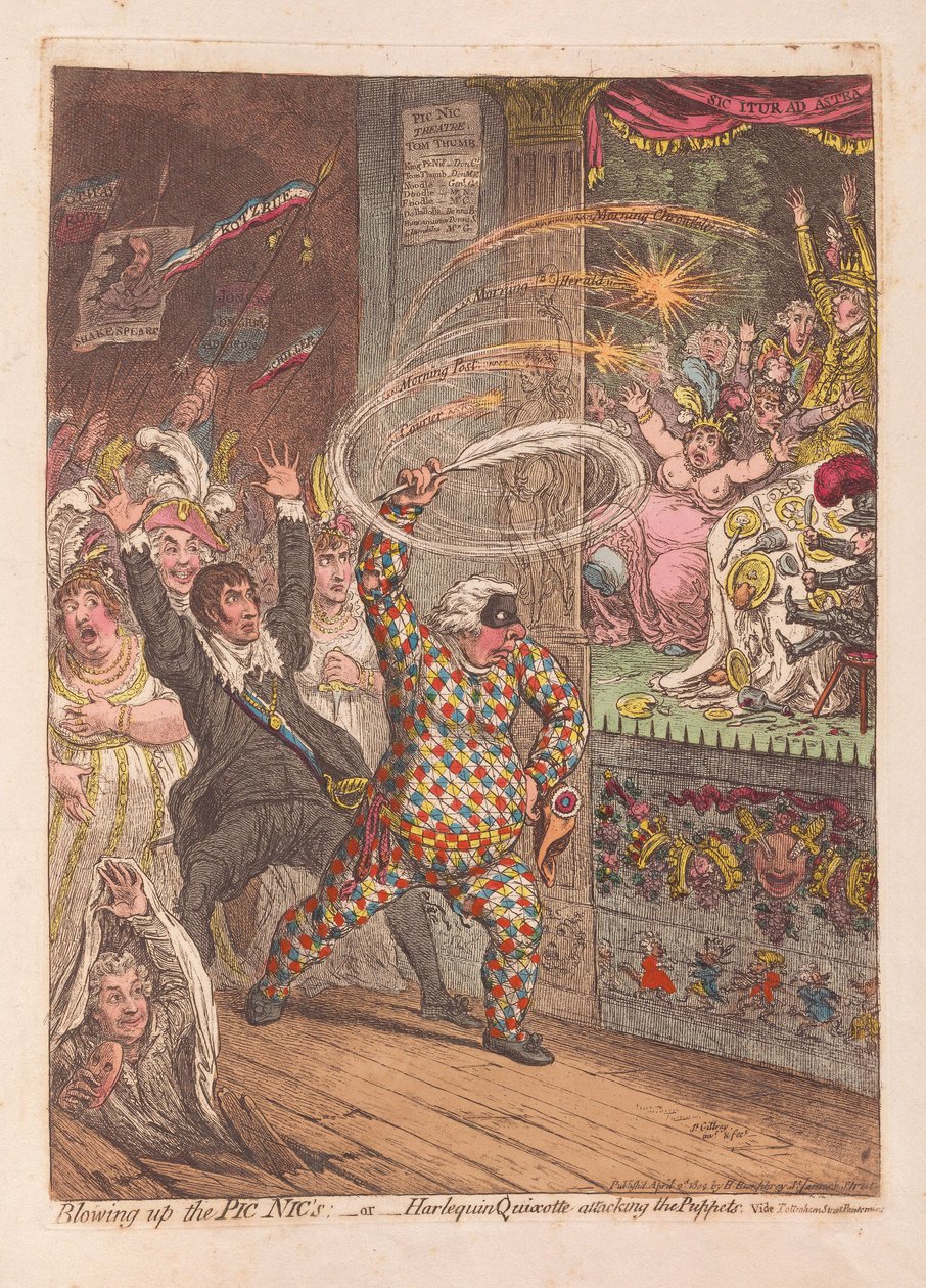 Wysadzenie Pic Nics lub Arlequin Quixotte atakujących Puppets, pub. 1804 (grawerowanie ręcznie kolorowane) autorstwa James Gillray