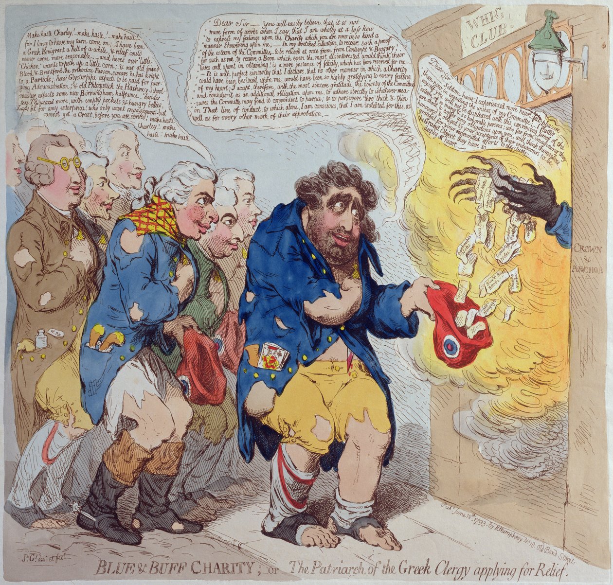 Blue und Buff Charity, czyli Patriarcha greckiego duchowieństwa ubiegający się o ulgę, opublikowana przez Hannah Humphrey w 1793 r. (akwaforta ręcznie kolorowana) autorstwa James Gillray