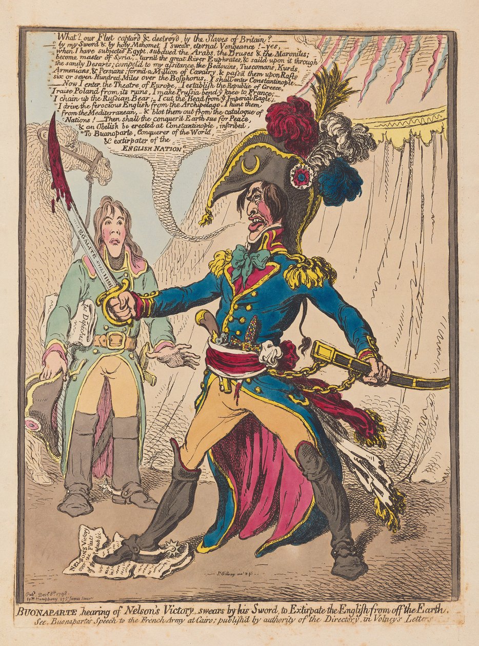 Bonaparte słysząc o zwycięstwie Nelsona przysięga na swój miecz, że wytępi Anglików z Ziemi, pub. 1798 (grawerowanie ręcznie kolorowane) autorstwa James Gillray