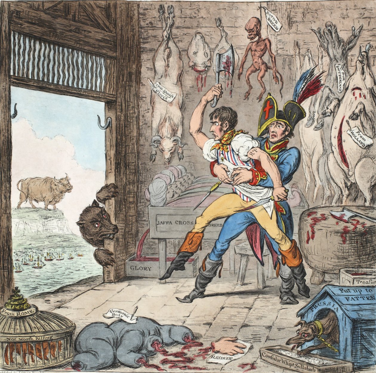 Boney i Talley, Korsykański dzień rozliczenia tusz-rzeźników – dzień bez kwartału!, pb. 1803 (ręcznie kolorowane grawerowanie) autorstwa James Gillray