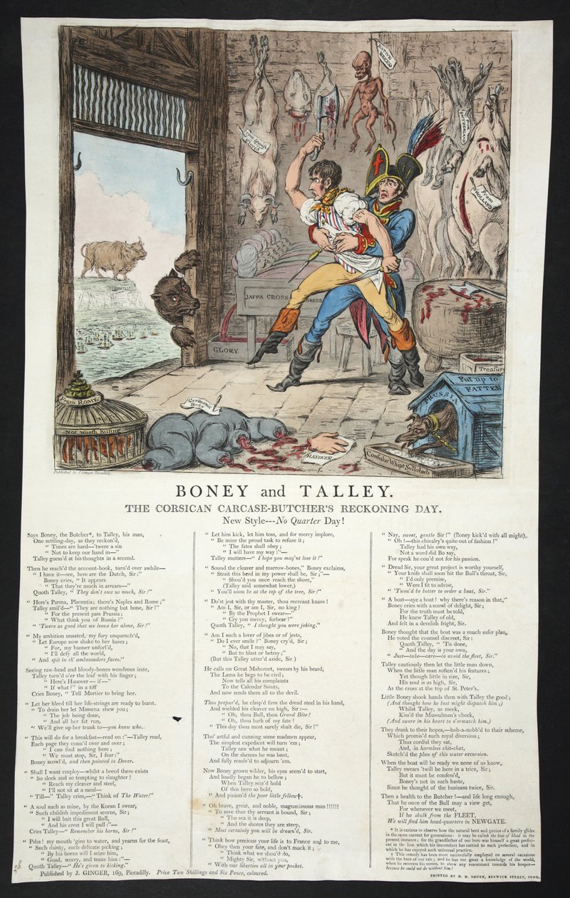 Boney i Talley, Korsykański dzień rozliczenia tusz-rzeźników – dzień bez kwartału!, pb. 1803 (ręcznie kolorowane grawerowanie) autorstwa James Gillray