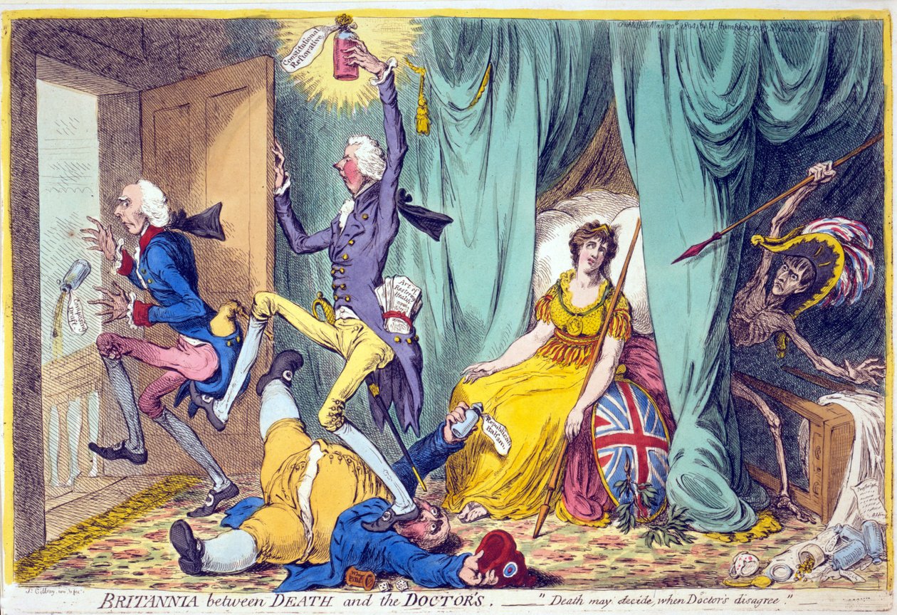 Britannia między śmiercią a lekarzami, wyd. Hannah Humphrey, 20 maja 1804 (ręcznie kolorowane grawerowanie) autorstwa James Gillray