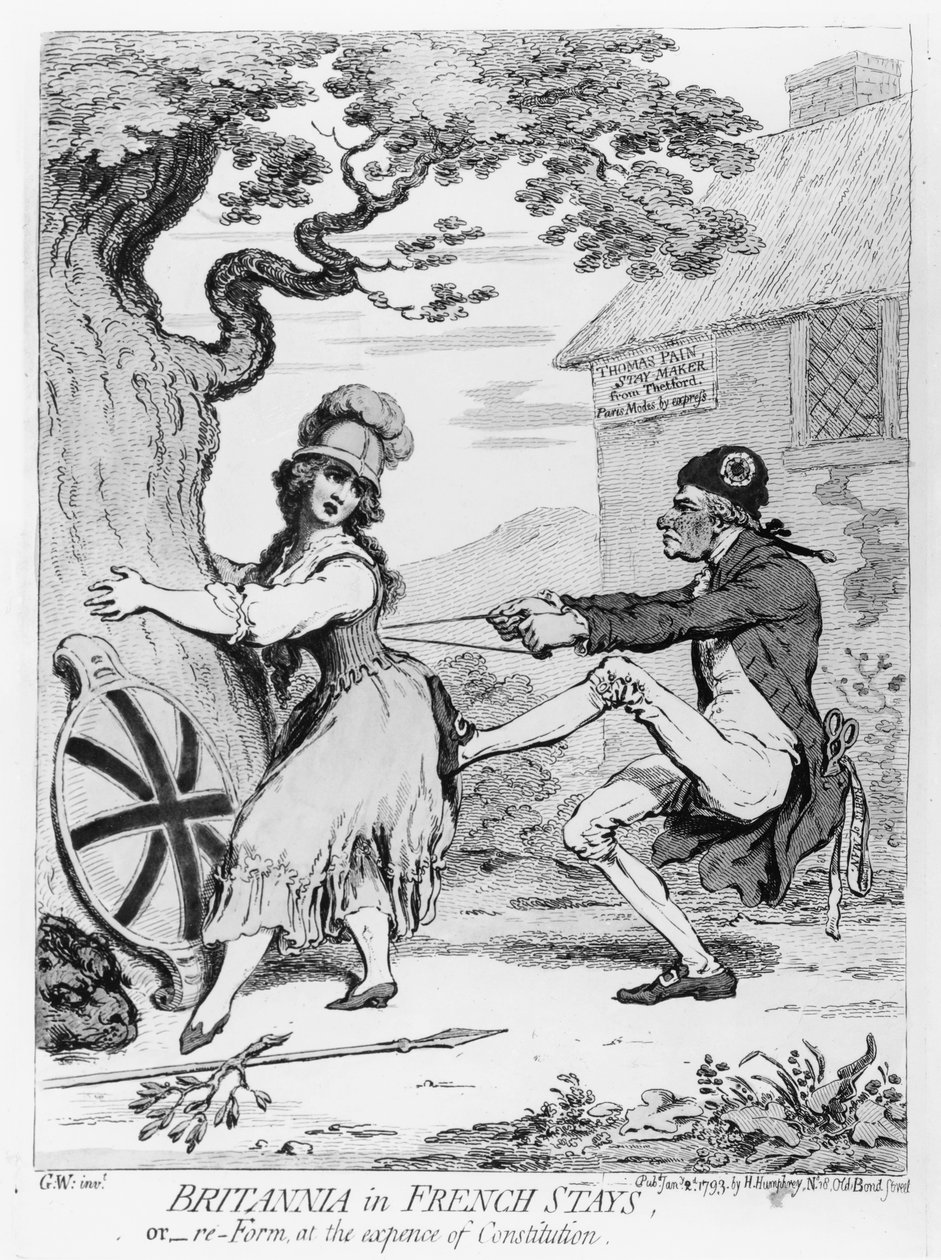 Britannia in French Stays, or Re-Form at the Expense of Constitution, opublikowana przez Hannah Humphrey w 1793 (akwaforta) autorstwa James Gillray