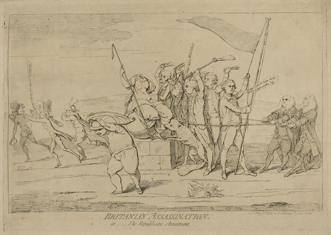 Zabójstwo Britanni lub Rozrywka Republikanów, opublikowane 10 maja 1782 r. autorstwa James Gillray