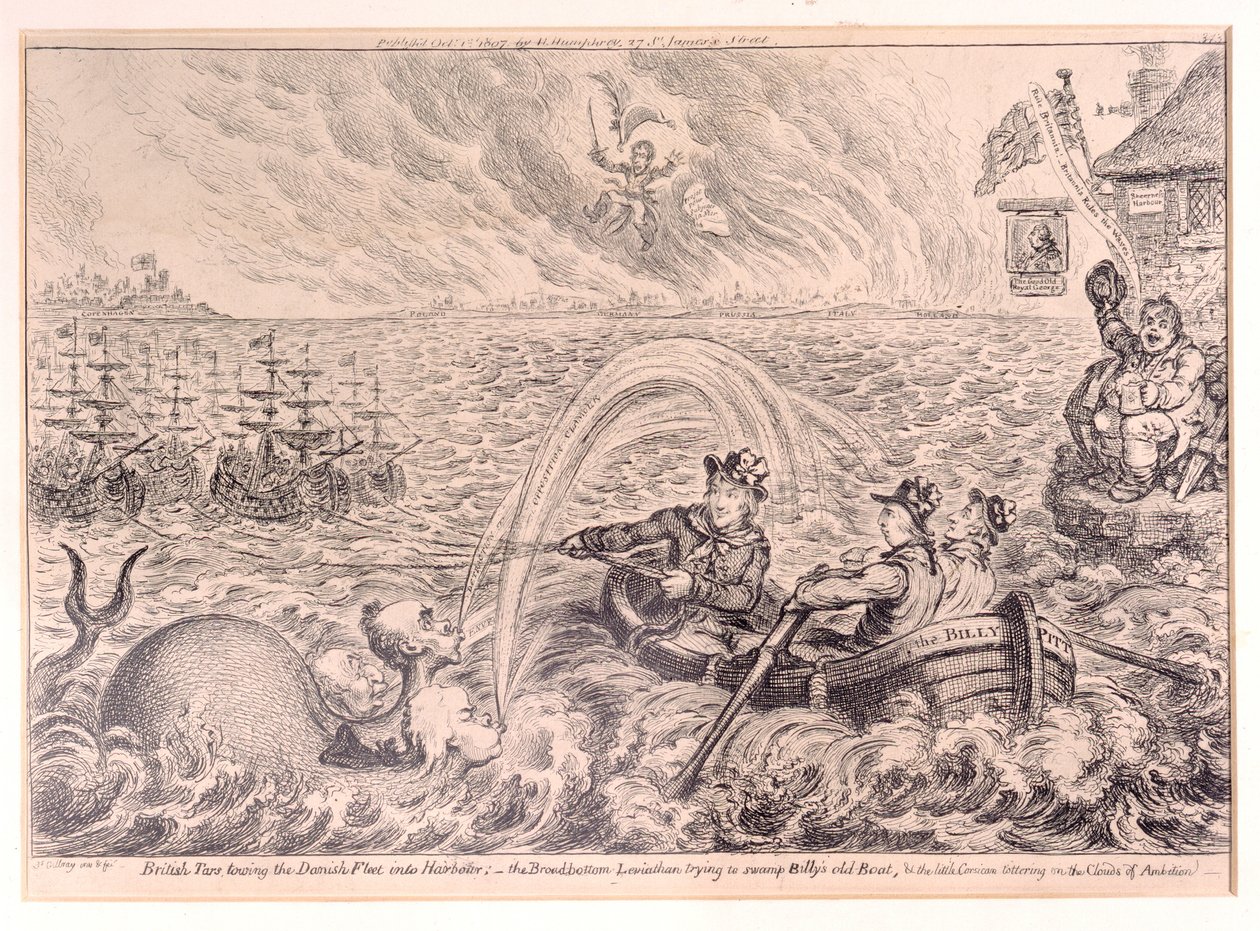Brytyjski Tars holujący duńską flotę do portu, 1807 autorstwa James Gillray