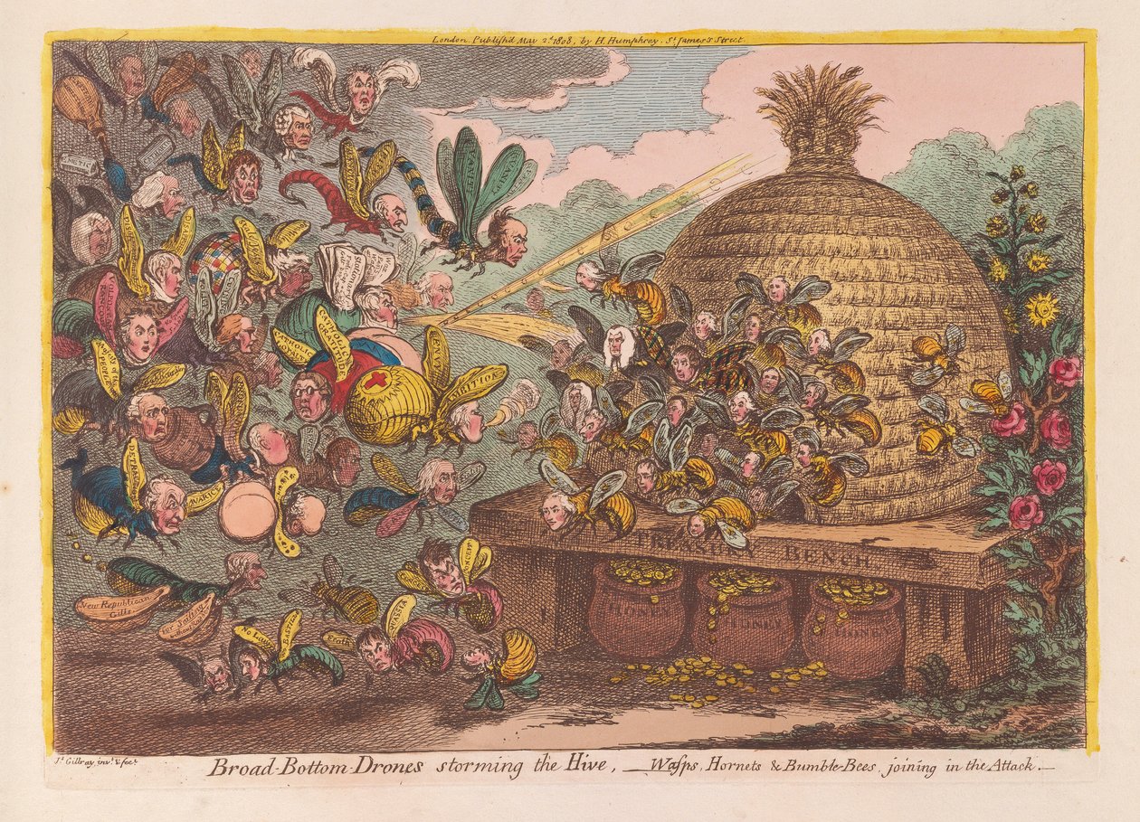 Drony z szerokim dnem szturmują ul: Osy, szerszenie i trzmiele dołączają do ataku, pub. 1808 (grawerowanie ręcznie kolorowane) autorstwa James Gillray