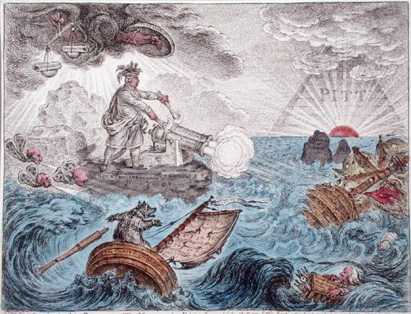 Bruin w swojej łodzi, czyli kierownik w niebezpieczeństwie, wydana przez Hannah Humphrey w 1806 r. (akwaforta ręcznie kolorowana) autorstwa James Gillray