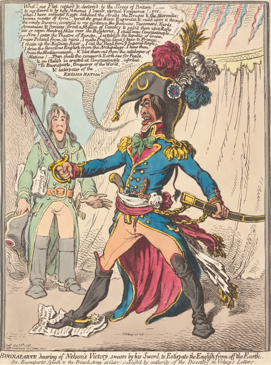 Buonaparte, dowiedziawszy się o zwycięstwie Nelsona, przysięga na swój miecz wytępić Anglików z powierzchni Ziemi (z: Karykatura, t. 1) autorstwa James Gillray