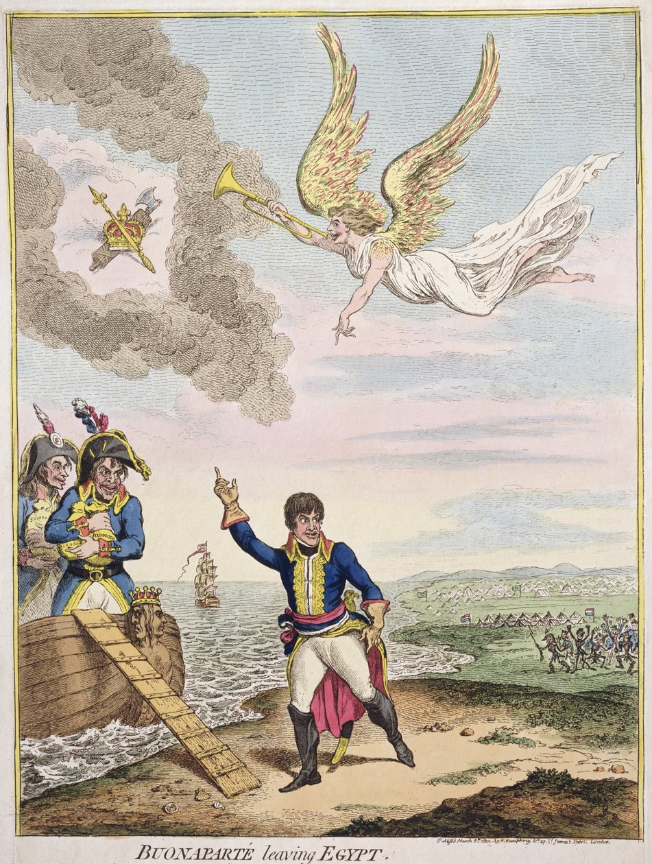 Buonaparte opuszcza Egipt, wydana przez Hannah Humphrey w 1800 roku (akwaforta ręcznie kolorowana) autorstwa James Gillray