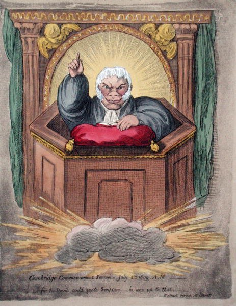 Rozpoczęcie Kazania w Cambridge, 2 lipca 1809 r. wydane przez Hannah Humphrey w 1809 r. (akwaforta ręcznie kolorowana) autorstwa James Gillray