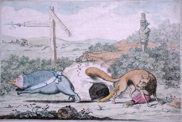 Zmieniające się miejsca, czyli lis śmierdzący Borsukowi ze swojego gniazda, opublikowana przez Williama Humphreya w 1782 r. (akwaforta ręcznie kolorowana) autorstwa James Gillray