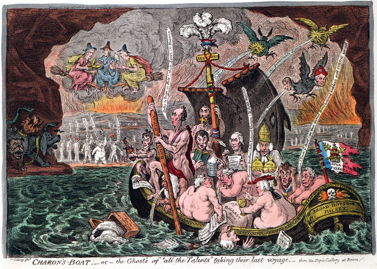 Łódź Charons, czyli Duchy wszystkich Talentów w swojej ostatniej podróży, 1807 r autorstwa James Gillray