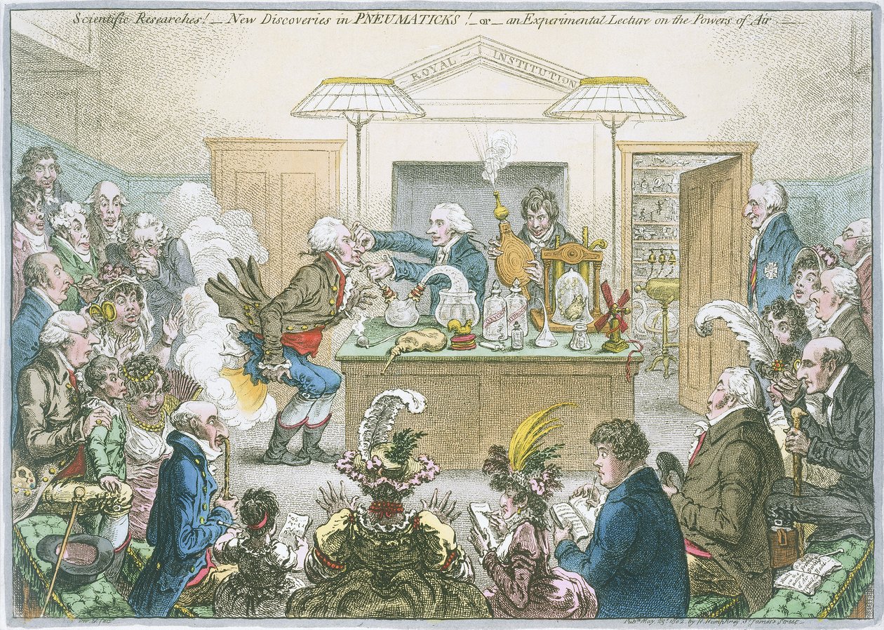 Wykład chemiczny, 1802 autorstwa James Gillray