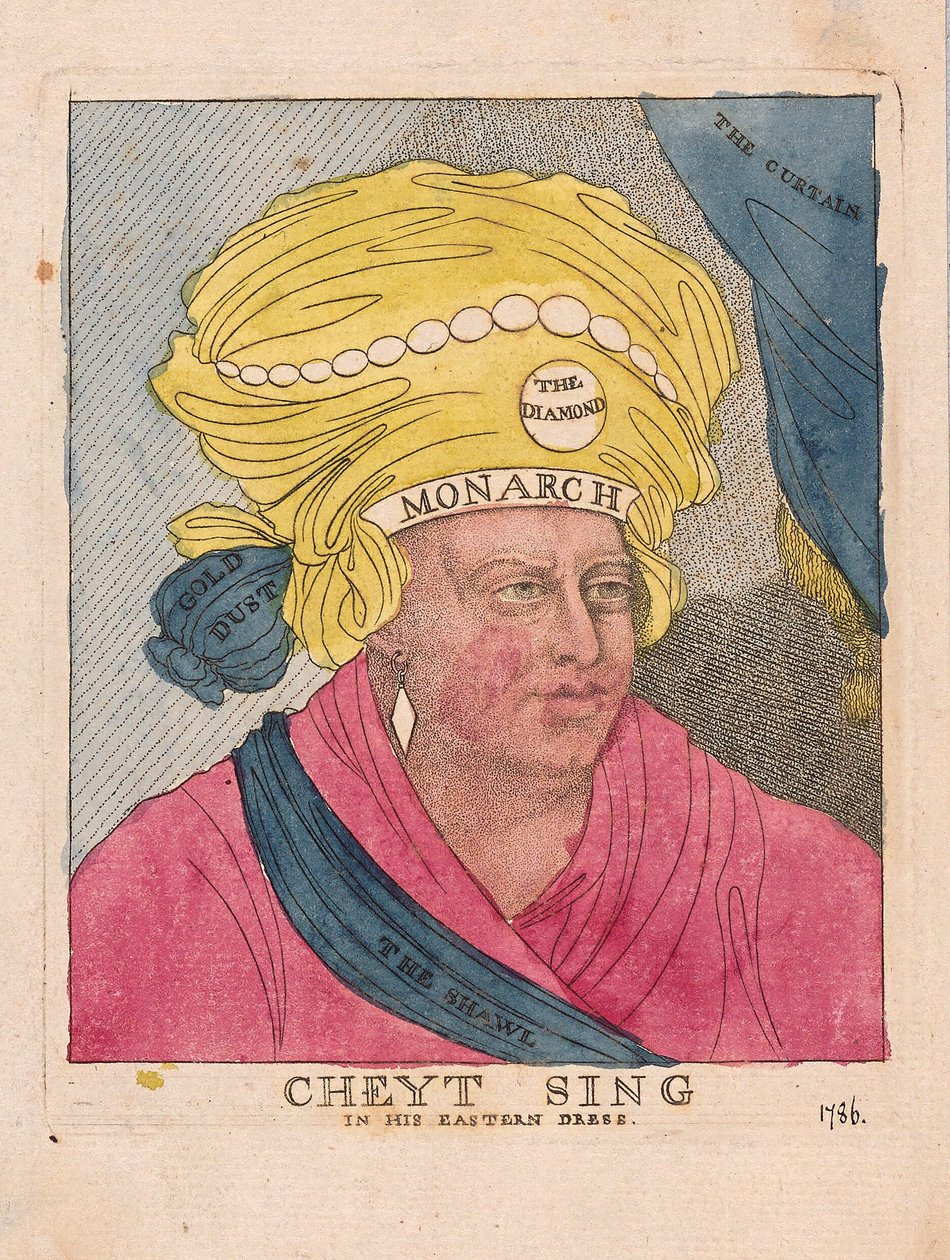 Cheyt Sing w swojej wschodniej sukience, wyd. 1786 (ręcznie kolorowane grawerowanie) autorstwa James Gillray