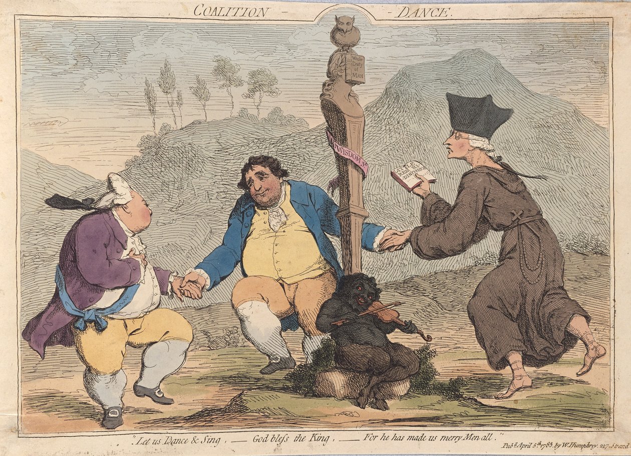 Taniec Koalicyjny, wyd. 1785 (grawerowanie ręcznie kolorowane) autorstwa James Gillray