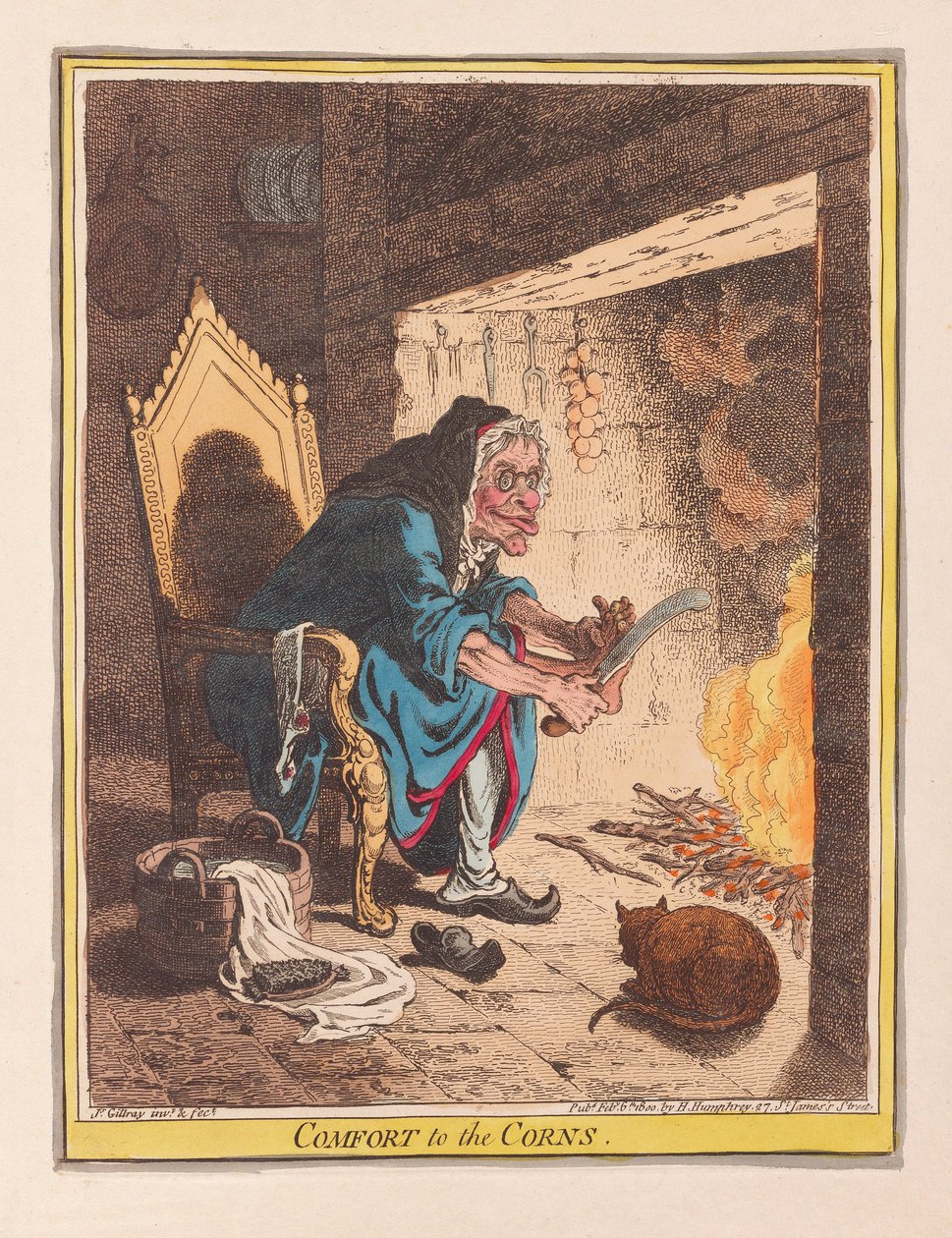 Comfort to the Corns, wyd. 1800 (ręcznie kolorowe grawerowanie) autorstwa James Gillray