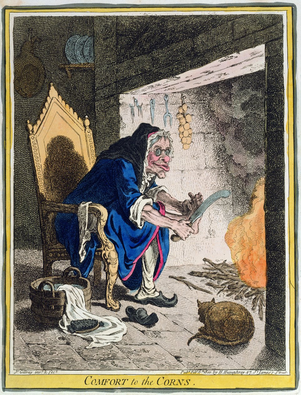 Comfort to the Corns, wydana przez Hannah Humphrey w 1800 roku (akwaforta ręcznie kolorowana) autorstwa James Gillray