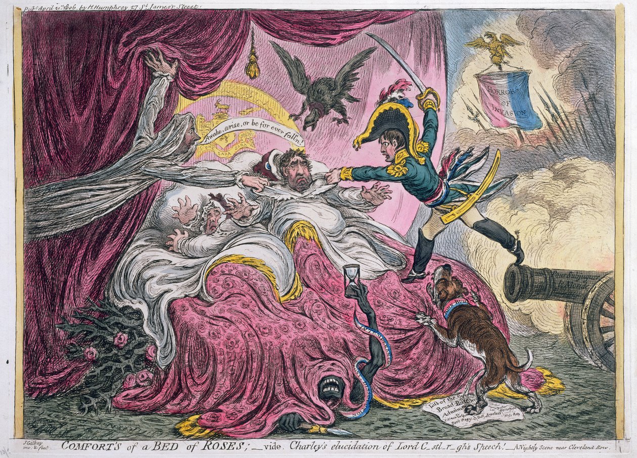Comforts of a Bed of Roses, wyd. Hannah Humphrey w 1806 r. (akwaforta ręcznie kolorowana z akwatintą) autorstwa James Gillray