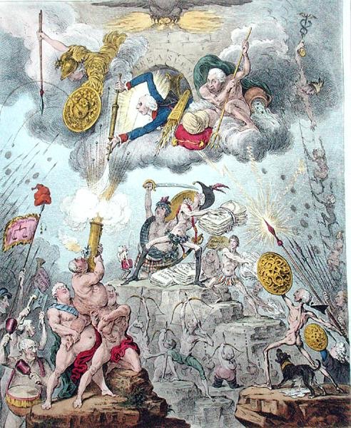 Confederated Coalition lub The Giants Storming Heaven, opublikowana przez Hannah Humphrey w 1804 roku (akwaforta, grawerowanie, akwatinta i akwarela na papierze) autorstwa James Gillray