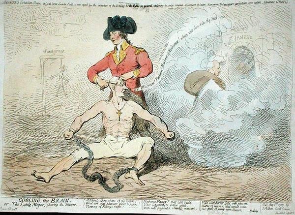 Cooling the Brain, czyli The Little Mayor Shaving the Shaver, opublikowana przez J. Aitkena w 1789 r. (akwaforta ręcznie kolorowana) autorstwa James Gillray