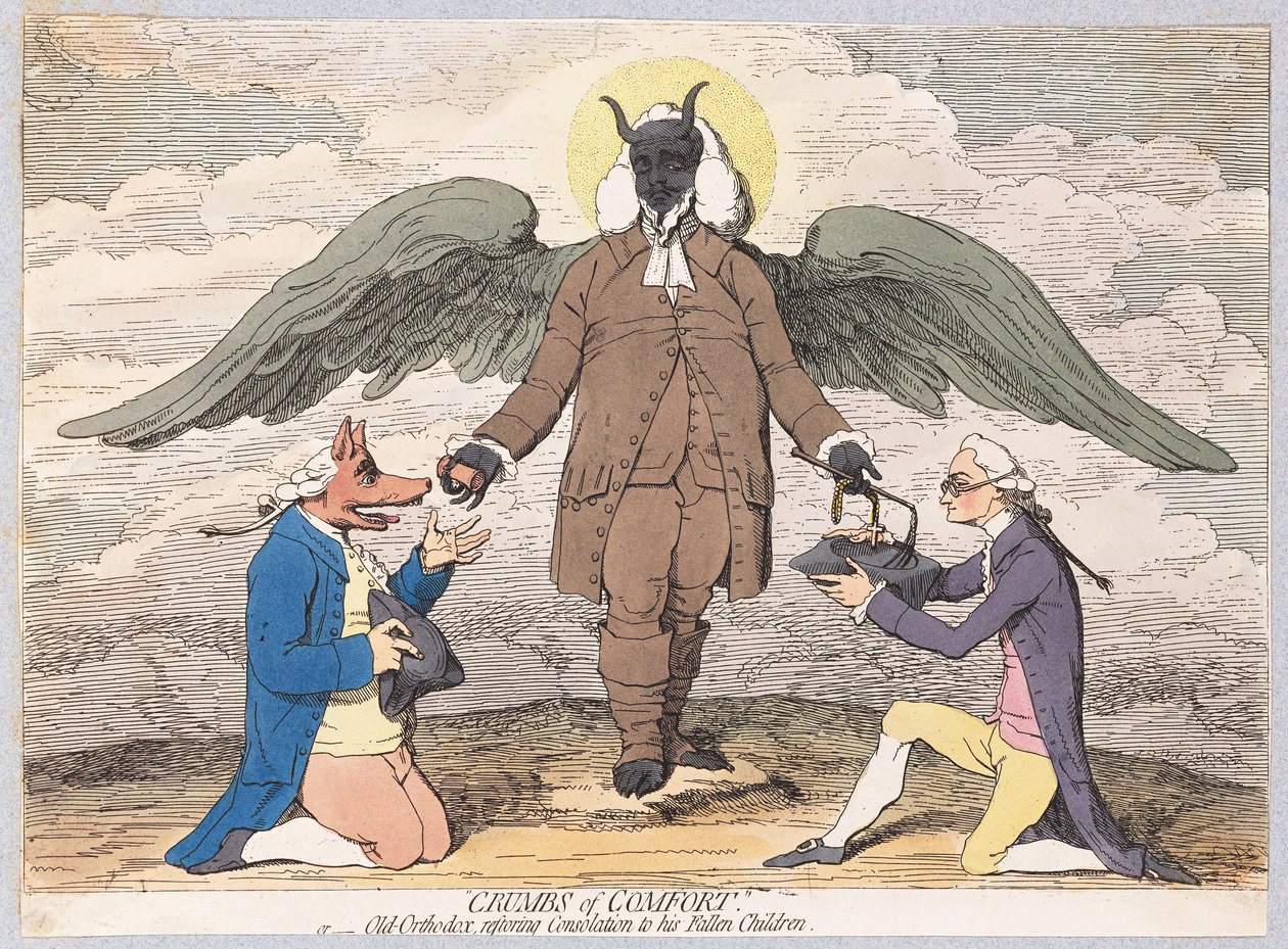 Okruchy Pocieszenia, czyli staroprawosławne przywracanie pocieszenia swoim upadłym dzieciom, wyd. 1782 (grawerowanie ręcznie kolorowane) autorstwa James Gillray