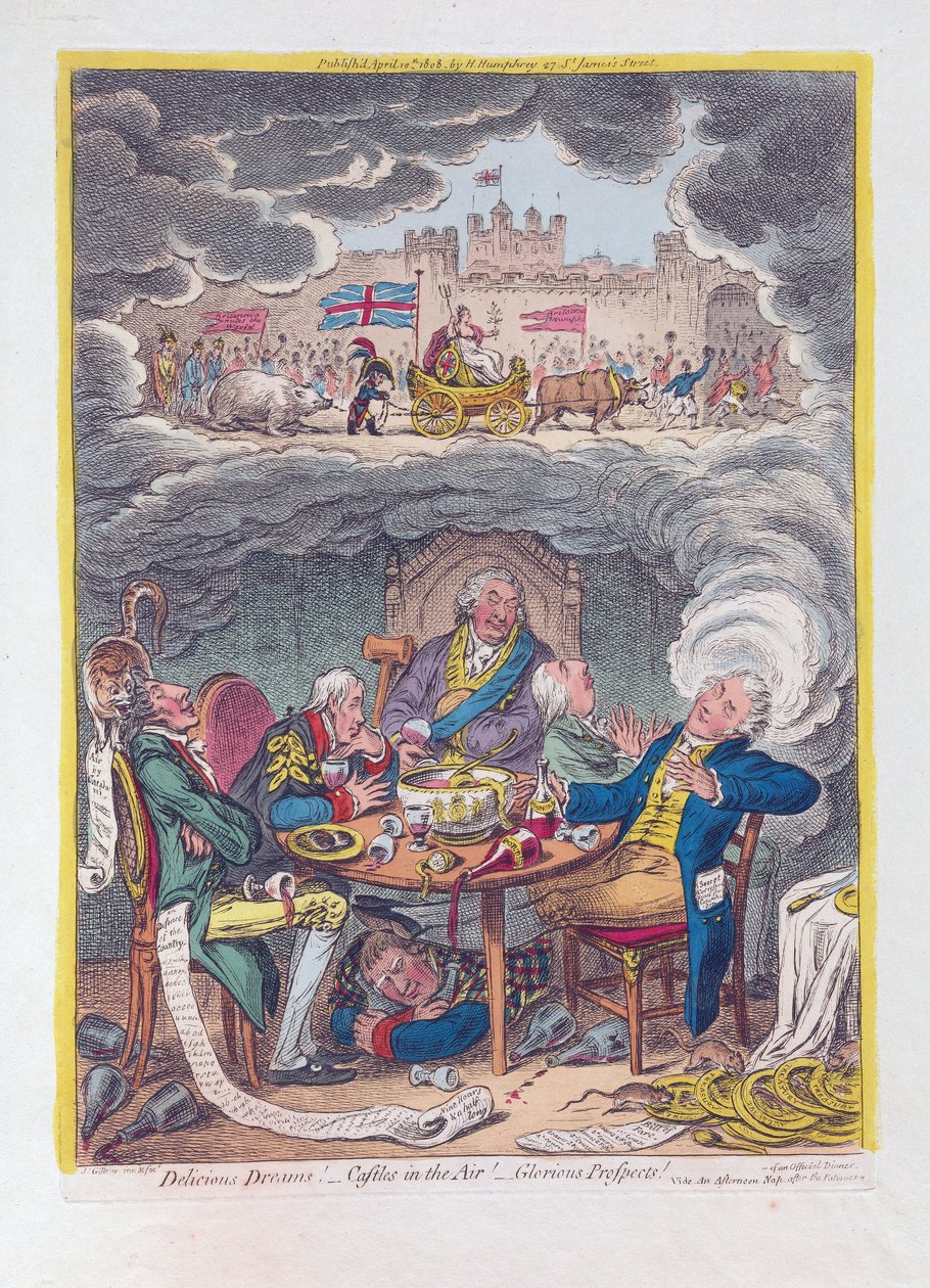 Pyszne sny: zamki w powietrzu! - Wspaniałe perspektywy!, wyd. 1808 (grawerowanie ręcznie kolorowane) autorstwa James Gillray