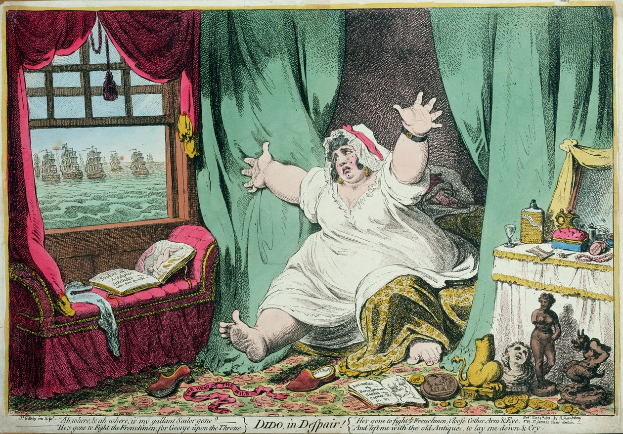 Dydona w rozpaczy, wyd. Hannah Humphrey, 1801 (ręcznie barwiony grawerunek) autorstwa James Gillray