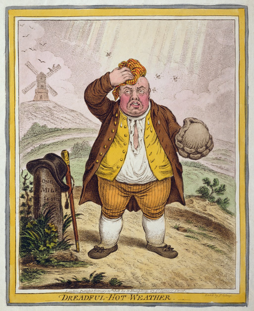 Dreadful-Hot Weather, opublikowana przez Hannah Humphrey w 1808 r. (akwaforta ręcznie kolorowana) autorstwa James Gillray