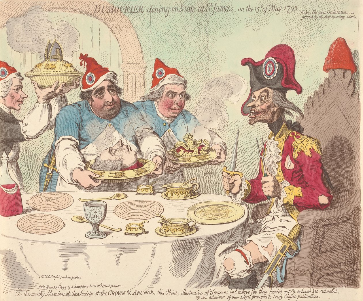Dumouriez ucztujący z ceremoniałem państwowym w St. James 15 maja 1793 autorstwa James Gillray