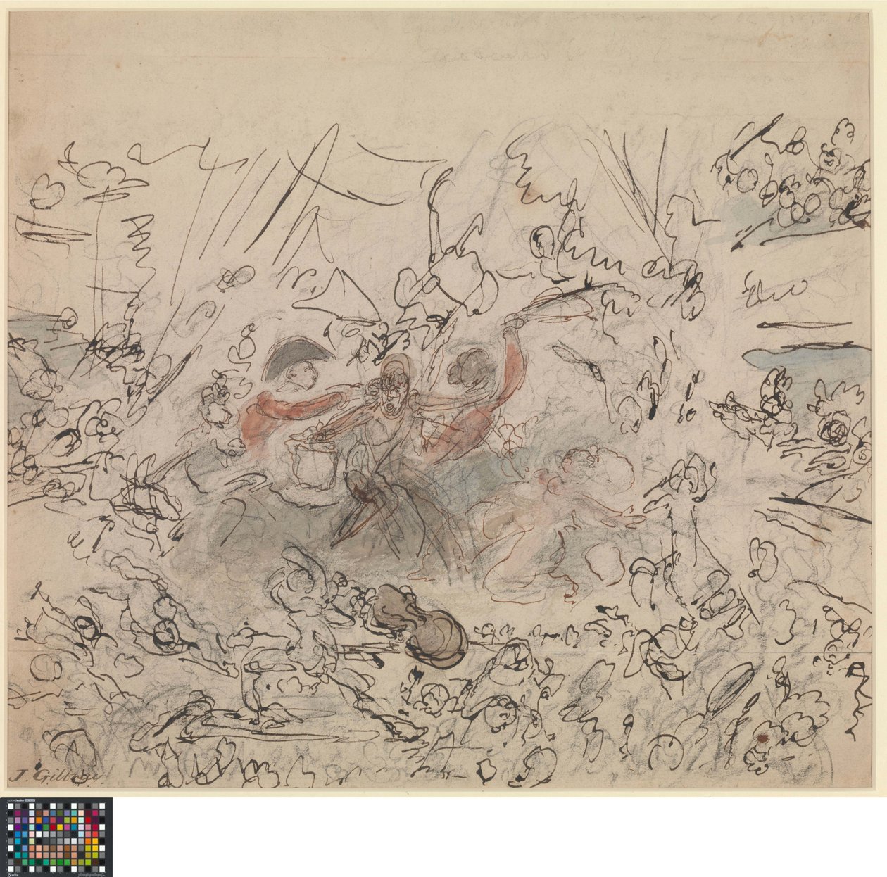 Niderlandzki: Spektakl świata: Wojny napoleońskie (recto).  Lista tematów "godnych talentu brytyjskich artystów" (verso) autorstwa James Gillray