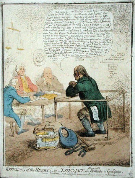 Effusions of the Heart, czyli Leżący Jack the Blacksmith at Confession, opublikowany przez Hannah Humphrey w 1795 roku dla Towarzystwa Filantropijnego (akwaforta ręcznie kolorowana) autorstwa James Gillray