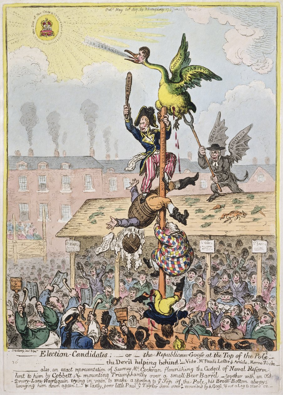Kandydat w wyborach, czyli republikańska gęś na szczycie bieguna, wyd. Hannah Humphrey w 1807 r. (akwaforta ręcznie kolorowana) autorstwa James Gillray