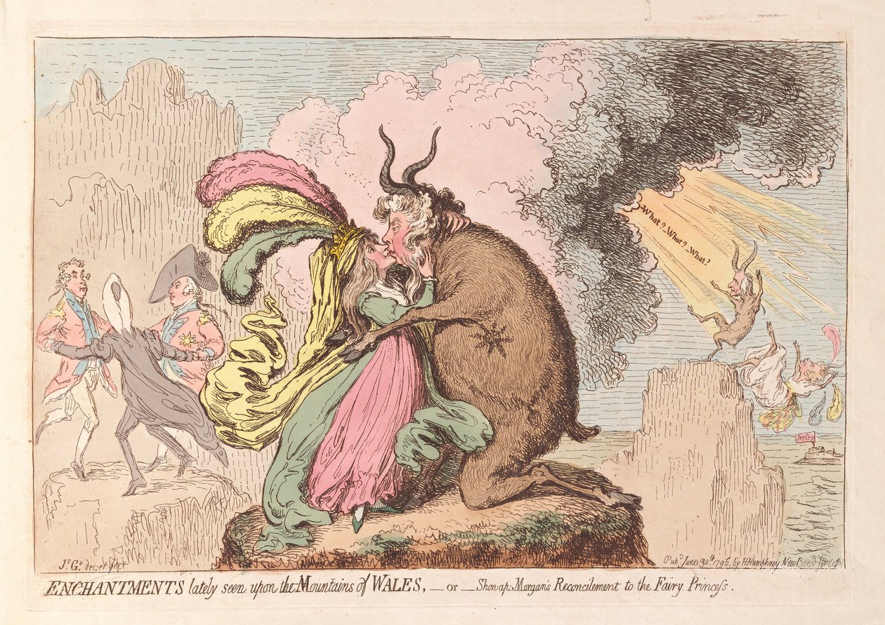 Zaklęcia ostatnio widziane w Górach Walii lub Shon-ap Morgans Reconcilement to the Fairy Princess, wyd. 1796 (grawerowanie ręcznie kolorowane) autorstwa James Gillray